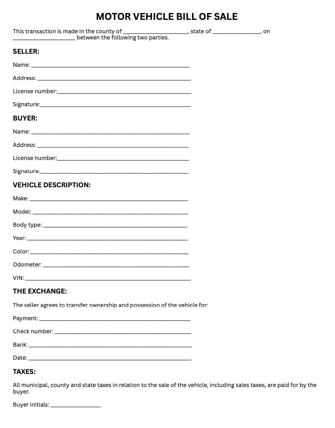Vehicle Bill of Sale Printable - Instant Download Car Sale Agreement ...