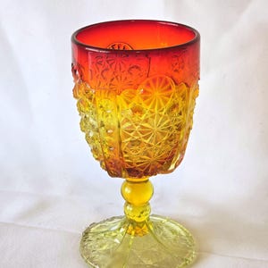 LG Wright Daisy and Button Amberina Footed 6" Water Goblet 1960s Vintage Excellent Condition