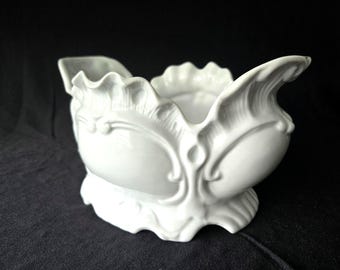 Rococo Style 10" White Porcelain Ceramic Centerpiece Jardiniere Ruffled Edge Ornate Scrolled Relief Bowl 1980s Vintage Excellent Condition