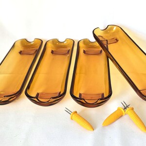 Indiana Glass Amber Glass Corn on the Cob Footed Servers SET OF 4 Very Good Condition Vintage