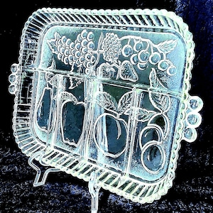 Indiana Glass Crystal Happenings 5 Section Divided Glass Handled Serving Tray Excellent Condition Vintage