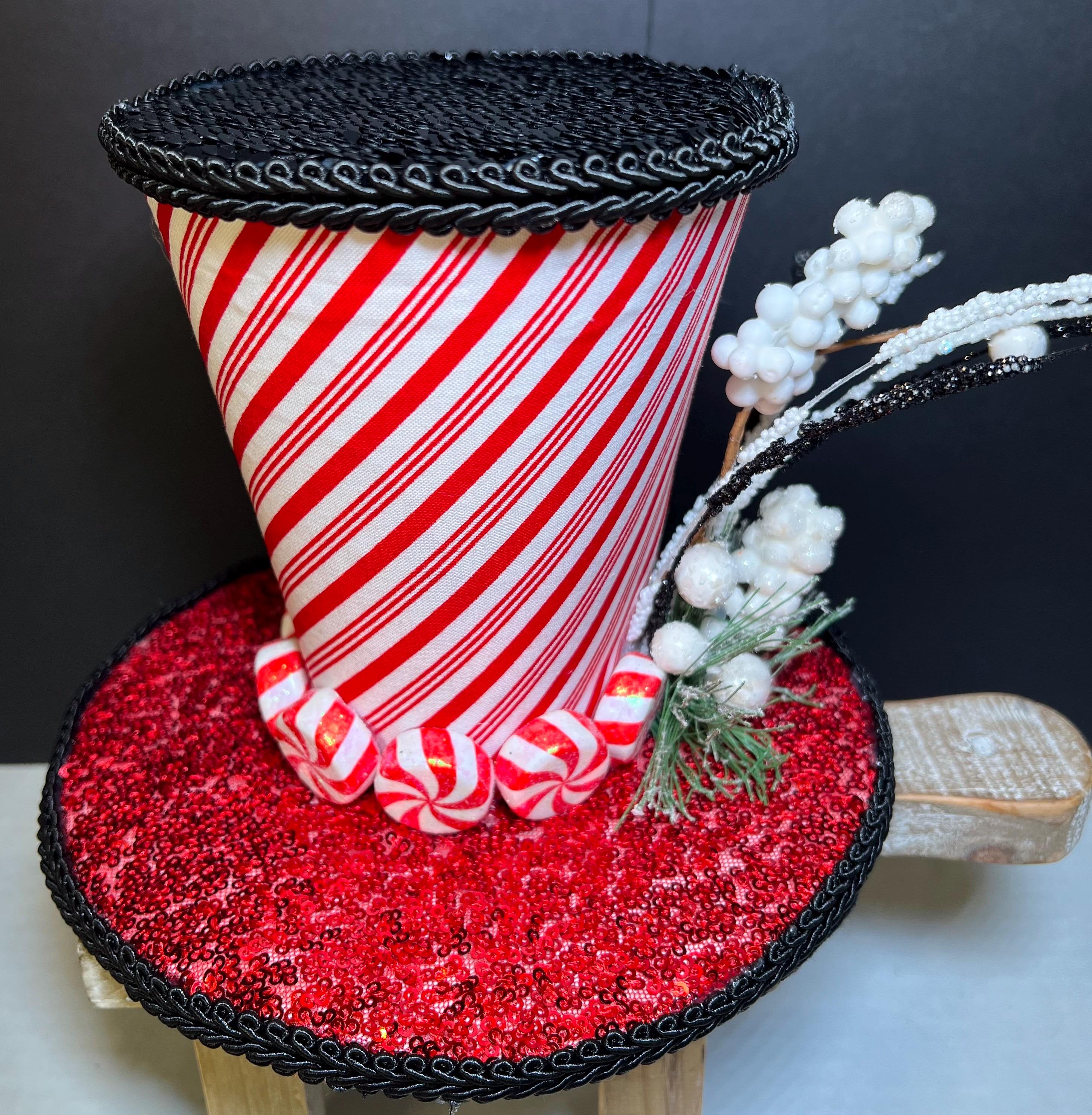 Sequins black red and white candy cane Top Hat Embellished with glitter peppermint candies wreath attachment Christmas nutcracker