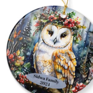Personalized Barn Owl 2025 Christmas Ornament, 2-Sided Ceramic, Woodland Animals, Cottagecore, Birdwatcher, Gardener Gift, Forestcore