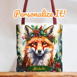 Cottagecore Fox Canvas Tote Bag - Personalized Name & Handle Color - 3 Sizes - Giftable for Mom, Teacher, Nature Lover, Woodland Animals