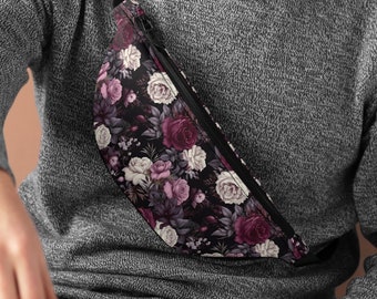 Purple Roses Dark Cottagecore Fanny Pack o bolso bandolera, con cremallera con compartimentos interiores, bolso de cintura de viaje del festival floral, bolso de cabestrillo
