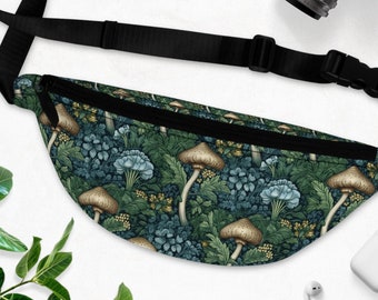 Paquete de fanny Cottagecore oscuro de setas mágicas y flores azules, bolso bandolera de hongos botánicos, bolso de cinturón, festivales florales acuáticos Forestcore