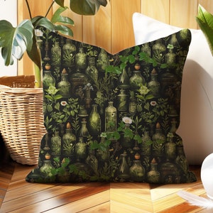 Herbs & Flowers Dark Gothic Cottagecore Accent Throw Pillow, Enchanted Academia Witchy themed, Floral Botanical Design, gardener gift