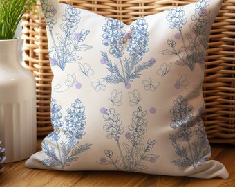 Funda de almohada con diseño de flores botánicas de toile azul, flor silvestre de Texas Bluebonnet, para decoración rústica, occidental, campestre y de granja