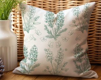 Funda de almohada con diseño floral botánico de toile verde, flor silvestre de Texas Bluebonnet, para decoración rústica, occidental, campestre y de granja