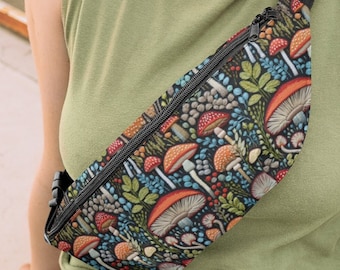 May include: A black fanny pack with a zipper closure and a colorful mushroom print. The print features red, orange, yellow, blue, and green mushrooms on a dark background.