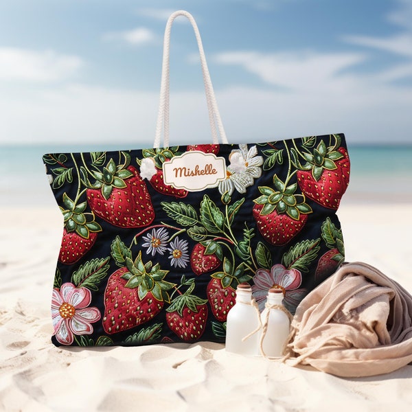 Personalized Printed Embroidery Strawberry Beach, Travel, Shopping Bag, Tote with rope handle, Gift for her, Nautical, Honeymoon, Summer