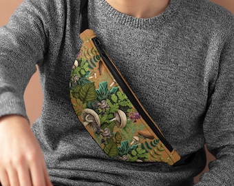 Mushrooms and Ferns Cottagecore Fanny Pack, Botanical Crossbody Bag, Plants, Festival bag, Travel, waist bag, forest witch gardener gift