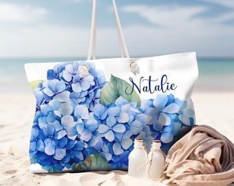 Personalized Blue Hydrangea Beach Bag, Vacation Bag with rope handle, Gift for her, Nautical Tote, Honeymoon travel gift, Summer Shopping