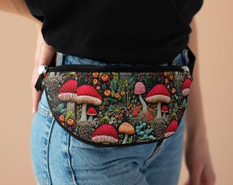 Magic MUSHROOM Fanny Pack con aspecto de bordado falso, estampado botánico Cottagecore oscuro, bolso bandolera impermeable, festival de regalos de brujas del bosque