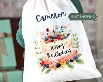 Personalized Birthday Cake Fabric Gift Bag Custom Name Reusable Gift Sack Watercolor Child Adult Birthday Christmas Everyday Gift Bag