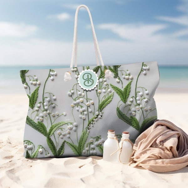 Personalized Lily of the Valley Beach, Travel, Shopping Bag, Vacation with rope handle, Gift for her, Tote, Honeymoon  gift, Summer