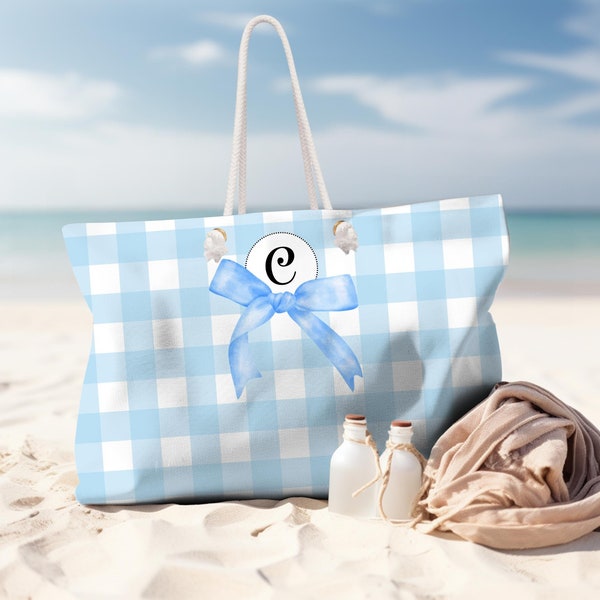 Personalized Blue Gingham Checked, Travel, Shopping Bag, Vacation Tote with rope handle, Gift for her, Honeymoon, Summer