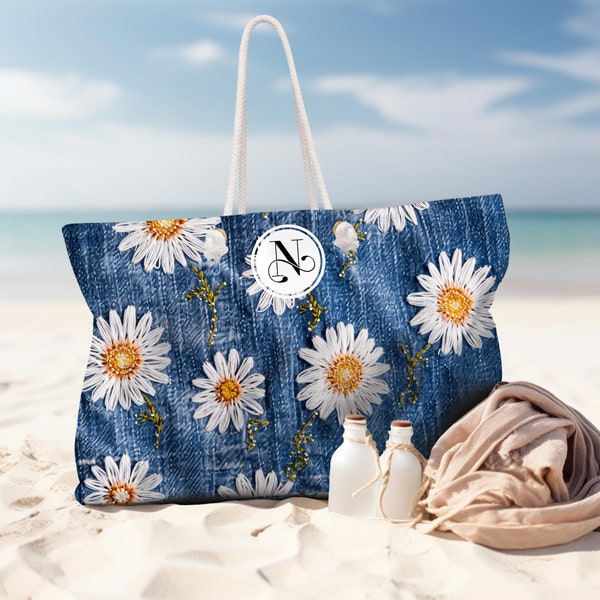 Personalized Printed Embroidered Daisy Beach Bag, Vacation Bag with rope handle, Gift for her, Tote, Honeymoon travel gift, Summer Shopping