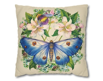 Almohada decorativa con motivos florales botánicos, mariposas, abejas y flores silvestres, estilo William Morris, decoración colorida de estilo rural, regalo para jardineros