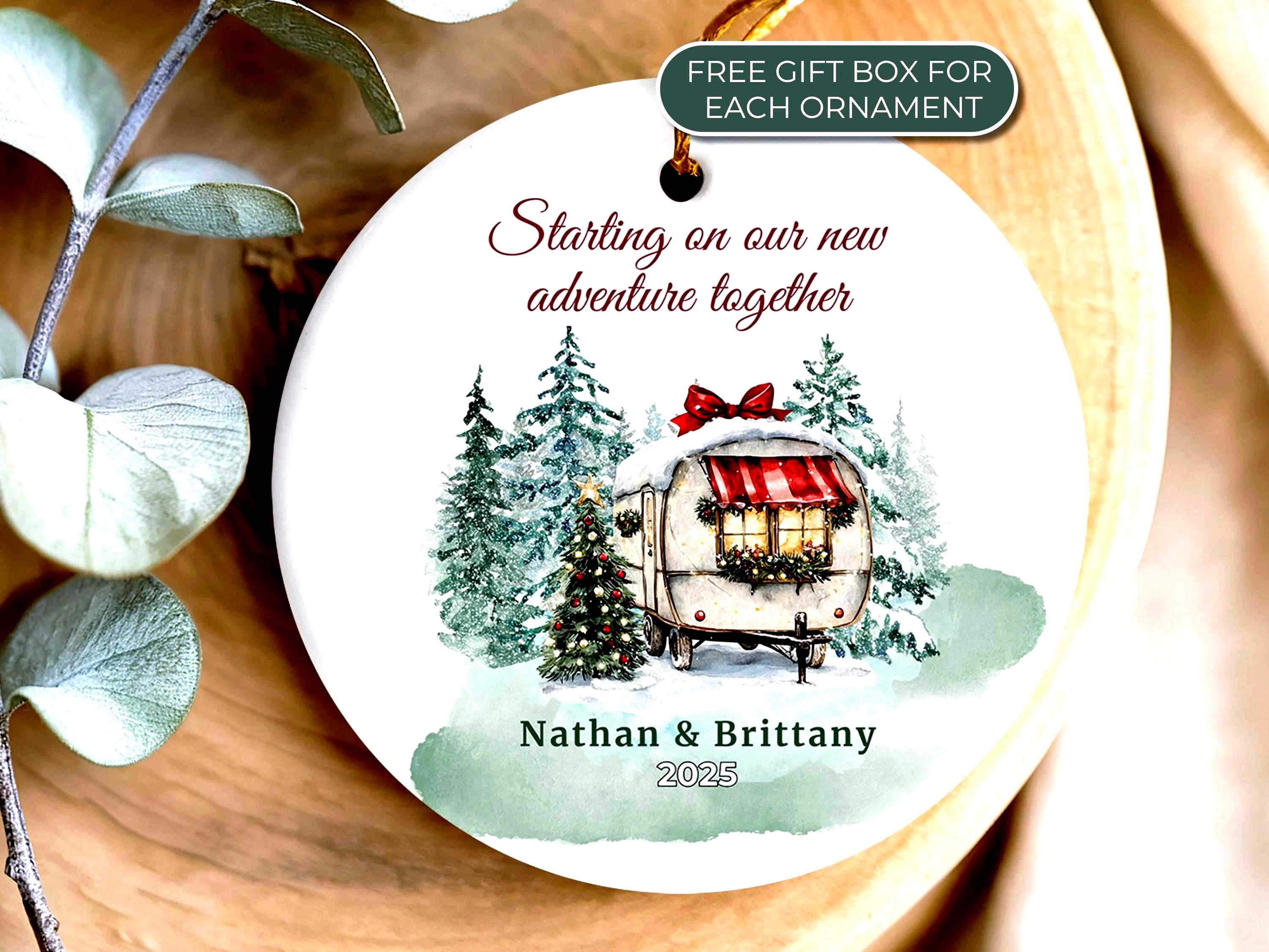 First Christmas Together Ornament Personalized Camping Trailer New Adventure Couple 2025 Watercolor Rustic Holiday Travel Keepsake Gift