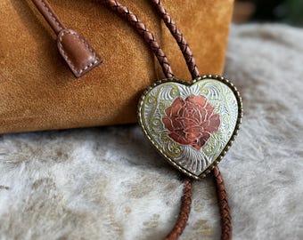 Vintage Heart Silver and Gold Rose Engraved Belt Buckle Western Bolo Tie | Handmade Jewelry, Southwestern Accessory