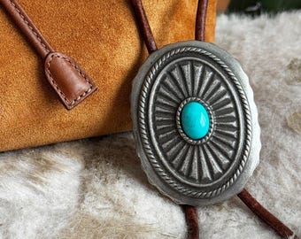 Silver/Dark Gray Engraved Concho with Turquoise Stone Belt Buckle Western Bolo Tie | Handmade Jewelry, Southwestern Accessory