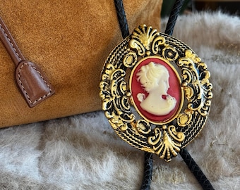 Vintage Gold and Pink Cameo Filigree Belt Buckle Western Bolo Tie | Handmade Jewelry, Southwestern Accessory