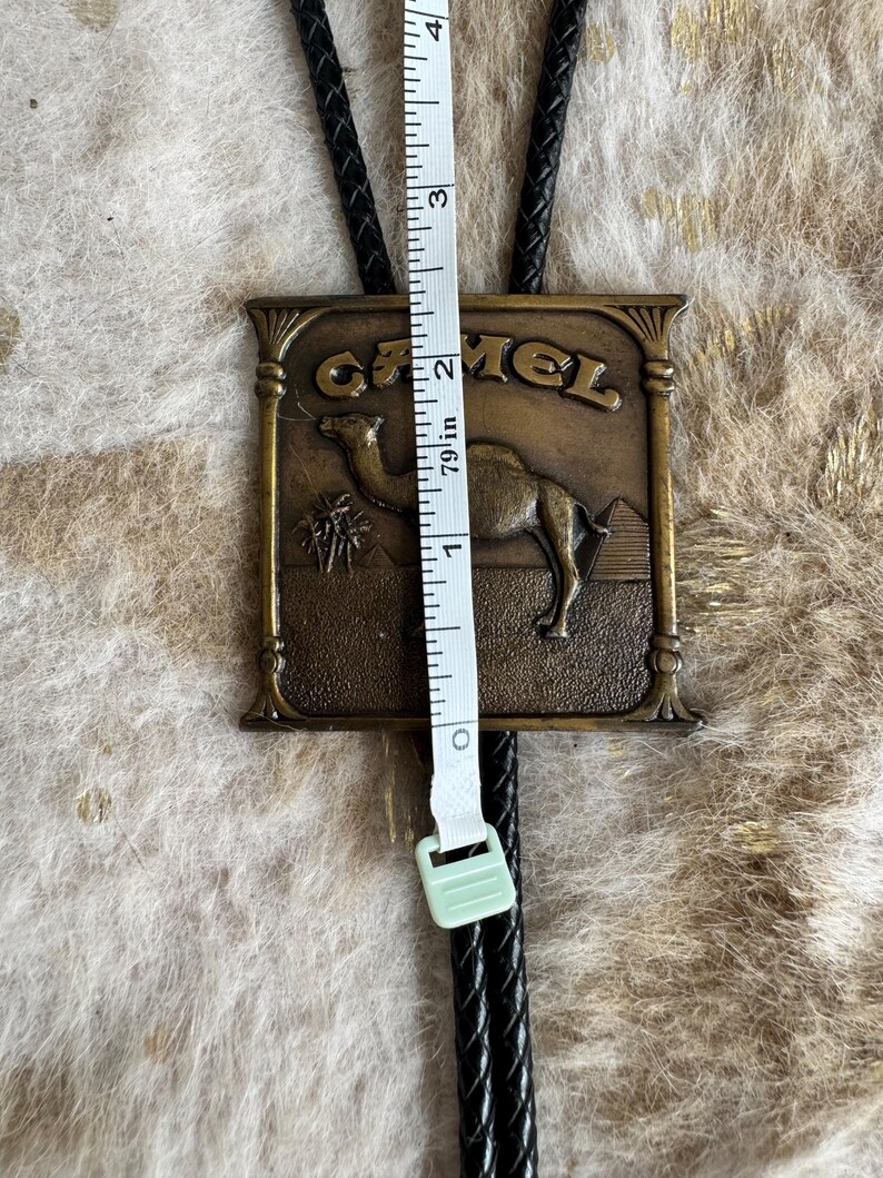 May include: A vintage bolo tie featuring a rectangular brass-toned pendant with the word "CAMEL" and a camel illustration. The pendant is approximately 2 inches (5 cm) in height. The tie has a black braided leather cord.