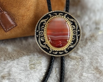 Vintage Orange Agate Engraved Gold Floral Belt Buckle Western Bolo Tie | Statement Jewelry, Southwestern Accessory