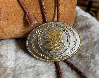 Vintage Silver and Gold North American Hunting Club Belt Buckle Western Bolo Tie | Handmade Jewelry, Southwestern Accessory