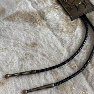 May include: A bolo tie featuring a rectangular bronze-colored pendant with a camel illustration and the word "CAMEL". The tie has a black braided cord with decorative metal tips.