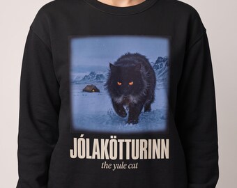 Yule Cat Sweatshirt, Jolakotturinn the Yule Cat Crewneck, Prowling Black Cat in Snow, Icelandic Christmas Folklore, Goth Gift