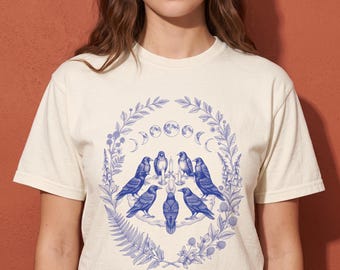 Blue Crow Coven Shirt, Witchy Gothic Raven Tee, Moon Phase Celestial Shirt, Dark Academia Crow Lover Gift, Vintage Raven Tee, Comfort Colors