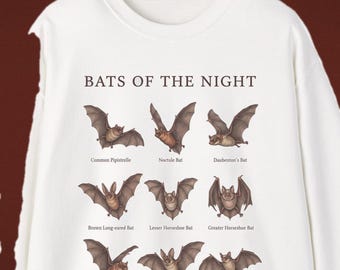Bat Species Chart Sweatshirt, Bats of the Night Vintage Field Guide Crewneck, Naturalist Bat Lover Gift