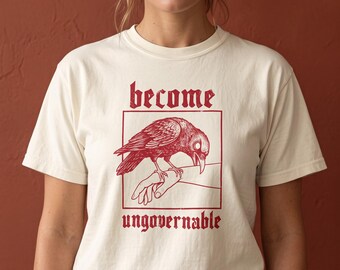 Become Ungovernable Red Crow Shirt, Funny Gothic Raven Tee, Dark Humor Crow Lover Gift, Vintage Linocut Bird Shirt, Comfort Colors