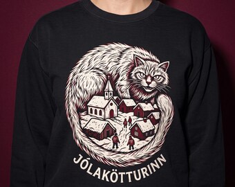 Scandinavian Christmas Sweatshirt, Jolakotturinn Folk Art Cat Circle Crewneck, Woodcut Yule Cat Village, Nordic Holiday Gift