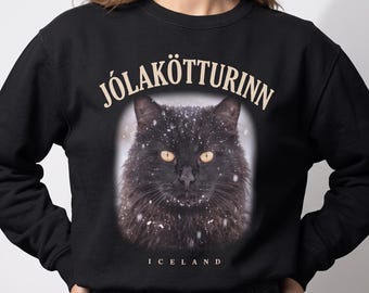 Black Cat Photo Sweatshirt, Jolakotturinn Yule Cat Crewneck, Iceland Christmas Folklore, Snowy Wildlife Cat, Goth Christmas Gift