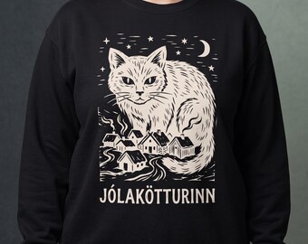 Woodcut Cat Sweatshirt, Jolakotturinn Yule Cat Linocut Crewneck, Folk Art Christmas Cat, Icelandic Folklore, Scandinavian Holiday Gift