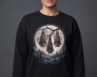 Three Bat Moon Sweatshirt, Vintage 90s Bats Howling at the Moon Crewneck, Funny Bat Lover Gift, Retro Nature Crewneck