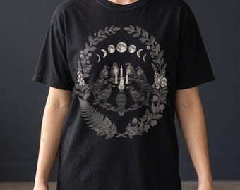 Crow Coven Shirt, Witchy Gothic Raven Tee, Moon Phase Celestial Shirt, Dark Academia Crow Lover Gift, Vintage Raven Shirt, Comfort Colors