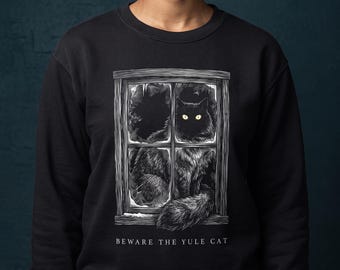 Beware the Yule Cat Sweatshirt, Spooky Black Cat in Window Crewneck, Jolakotturinn Icelandic Folklore, Creepy Christmas Gift