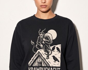 Krampus Sweatshirt, Vintage Krampusnacht Crewneck, Woodcut Rooftop Krampus, Gothic Christmas Gift, Dark Holiday Humor