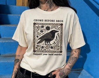 Crows Before Bros Shirt, Gothic Crow T-Shirt, Support Local Murder Tee, Dark Humor Bird Lover Gift, Nordic Woodcut Unisex Graphic Tee