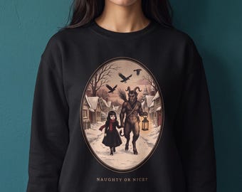 Naughty or Nice Krampus Sweatshirt, Vintage Christmas Card Krampus Crewneck, Goth Girl and Krampus, Gothic Christmas Gift