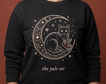 Celestial Cat Sweatshirt, Black Cat on Crescent Moon Christmas Crewneck, The Yule Cat Jolakotturinn, Witchy Holiday Gift
