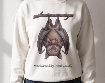 Emotionally Nocturnal Sweatshirt, Funny Fruit Bat With Strawberry Crewneck, Introvert Bat Meme Gift