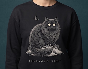 Glowing Eyes Black Cat Sweatshirt, Jolakotturinn Yule Cat Crewneck, Creepy Winter Night Cat, Icelandic Folklore, Dark Christmas Gift