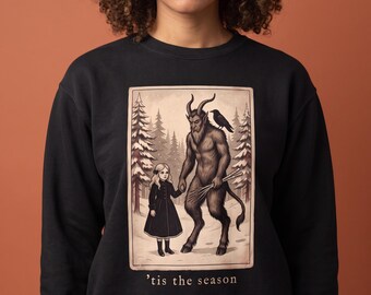 Tis the Season Krampus Sweatshirt, Vintage Christmas Card Krampus Crewneck, Goth Girl and Krampus, Gothic Christmas Gift, Dark Holiday Humor
