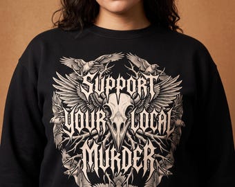 Black Metal Crow Sweatshirt, Support Your Local Murder Logo With Flying Crows Crewneck, Goth Gift