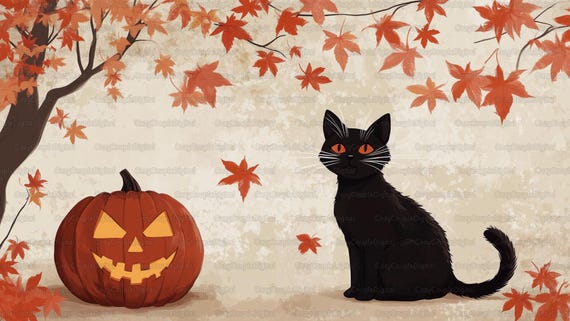 Autumn Black Cat With Pumpkin and Maple Leaves Digital Wallpaper
